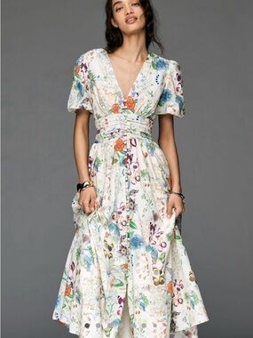 NWT Anthropologie KATERINA Off-white  Botanical V-Neck Button-up Midi Dress XS
